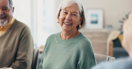 Image showing Home, happy friends and senior woman relax, conversation and bonding in lounge. Elderly, pensioner and group of people smile in living room for chat, funny and laughing together in retirement house