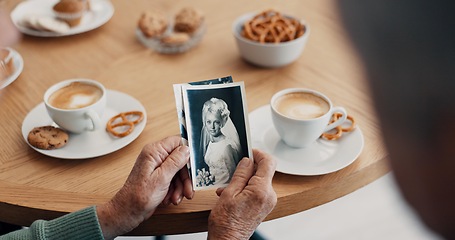 Image showing Senior people, hands and photograph memory in home for nostalgia, history and to remember. Breakfast, elderly friends and pov at tea table with pictures of album, wedding or photography in retirement