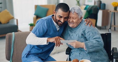 Image showing Wheelchair, hug or caregiver with old woman in retirement talking for bonding together in nursing home. Love, empathy or senior women reading card for support or care with a happy nurse on break
