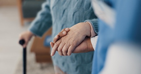 Image showing Holding hands, help with elderly person and caregiver in nursing home, kindness and senior care for health. Retirement, pension and patient with disability, nurse for assistance and homecare closeup