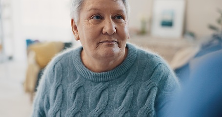 Image showing Support, wellness and senior woman with nurse for conversation, communication or chat in house. Empathy, relax and elderly lady in living room of home and speaking to caregiver for healthcare