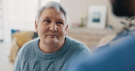 Image showing Talking, support and senior woman with nurse for conversation, communication or chat in house. Happy, relax and elderly lady in living room of home and speaking to friend or caregiver for healthcare