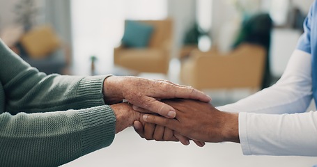 Image showing Holding hands, help with old person and caregiver in nursing home, kindness and elderly care for health. Retirement, pension and patient with counselling, nurse for advice and empathy with homecare