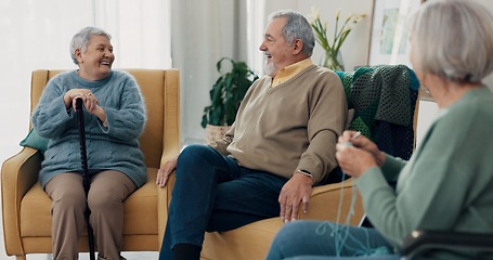 Image showing Conversation, happy and senior friends in living room of nursing home for communication. Smile, discussion and group of elderly people in retirement talking, bonding and relaxing in lounge at house.
