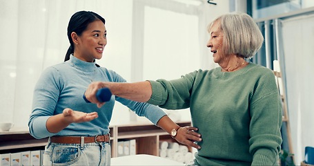 Image showing Senior care, exercise and physiotherapist with old woman, dumbbell and healthcare for nursing. Physio, rehabilitation and retirement with fitness or caregiver and elderly patient mobility training