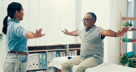 Image showing Senior care, stretching or physiotherapist with old man, exercise and healthcare for nursing help. Physio, rehabilitation and retirement, fitness coach caregiver and elderly patient mobility training