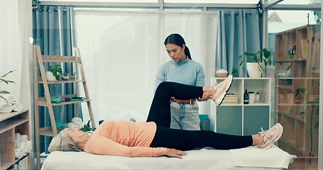 Image showing Senior care, stretching or physiotherapist with old woman, legs or healthcare for nursing help. Physio, rehabilitation or elderly patient with fitness coach, caregiver and injury in mobility training