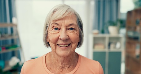 Image showing Elderly woman and portrait with wellness at nursing home for retirement with weekend break and healthy. Pensioner, face or old person with positive mindset with smile for peace in apartment for calm