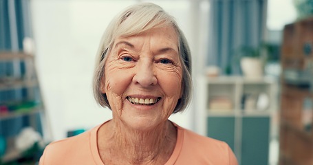 Image showing Old woman and portrait with smile at nursing home for retirement with physiotherapy and wellness. Pensioner, face or elderly person with positive mindset with health for peace in apartment for calm