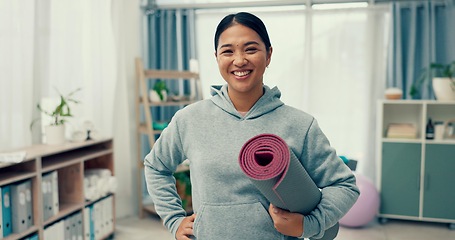 Image showing Fitness, yoga mat and happy woman with portrait in studio for exercise, workout or training in apartment. Wellness, smile and female person in a gym with pilates gear for wellbeing and health