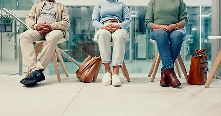 Image showing Office, recruitment and shoes of business people in waiting room for job interview, application and assessment. Opportunity, meeting and closeup of employees with search, agency and human resources