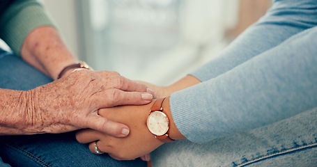 Image showing Comfort, senior or closeup of people holding hands for comfort or heal for wellness together. Therapist, sympathy or elderly person bonding, praying or care after death with psychologist or support