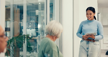 Image showing Appointment, counseling and psychology for tablet, old woman and therapy in mental health. Walking, elderly client and waiting room with happy, psychologist and therapist to help check on patient