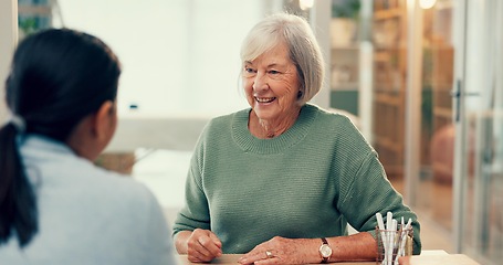 Image showing Meeting, talking or psychology consulting old woman for therapy, mental health or support in retirement. Happy elderly person talking, psychologist listening or therapist with help for senior patient