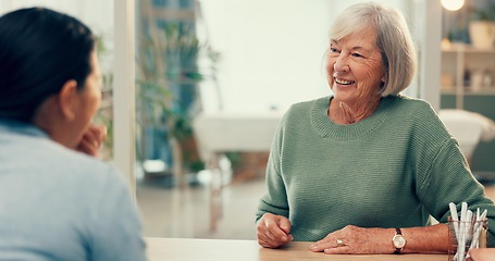 Image showing Meeting, conversation and psychology consulting old woman for therapy, mental health and care in retirement. Mature person, psychologist listening and therapist talking to support senior patient