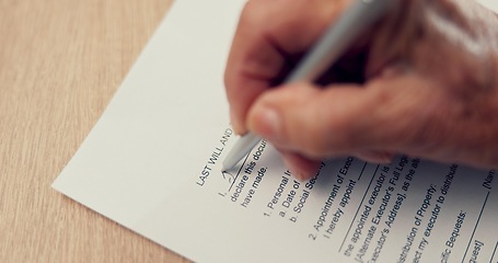 Image showing Hands, writing or old person with will, contract or application or document for insurance and title deed agreement. Compliance, closeup or elderly client signature for paperwork, pen and legal form