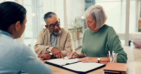 Image showing Office, lawyer or old couple with will, contract or document for retirement funding or compliance. Plan, advisor or married elderly clients with legal form or title deed agreement with life insurance