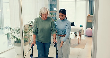 Image showing Senior, physiotherapy and woman with doctor support and helping at a consultation for patient with a disability. Rehabilitation, clinic and person at hospital for physiotherapist and medical advice