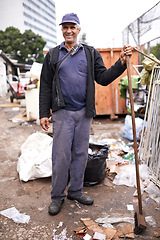 Image showing Man, worker and cleaning of garbage for waste management in city with portrait, broom and happiness. Person, face and smile by dumpster site for scrap, recycling and trash in neighborhood for litter