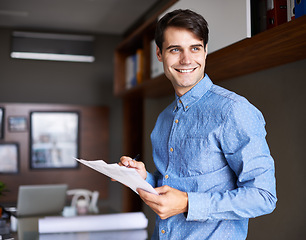 Image showing Business, thinking or happy man with documents in office for startup, budget or savings review. Idea, vision or guy financial advisor with paperwork for planning, goal or brainstorming profit target