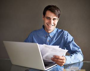 Image showing Business, documents and man portrait on laptop in office for accounting, planning or budget review. Financial, success or accountant face with paper, invoice or startup growth, profit or sales report