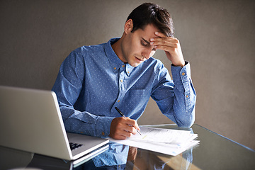 Image showing Stress, headache and businessman with documents, burnout or financial report in office. Finance, mistake and male accountant with anxiety frustrated by tax, audit or paperwork, deadline or disaster