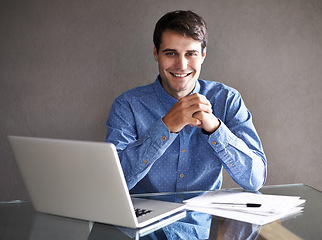 Image showing Laptop, documents and portrait of business man in office for proposal, project review and report. Professional, consultant and person with paperwork and computer for website, research and planning