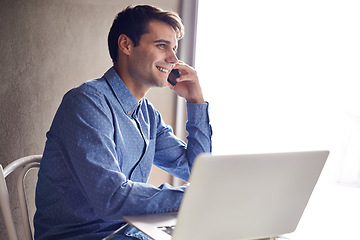 Image showing Phone call, smile and businessman with laptop in office for planning, networking or web communication. Smartphone, conversation or consultant with loan advice, help or online client, faq or feedback