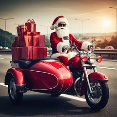 Image showing santa claus on a red motorbike with gifts