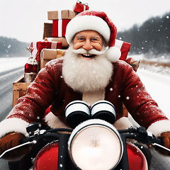 Image showing santa claus on a red motorbike with gifts