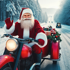 Image showing santa claus on a red motorbike with gifts