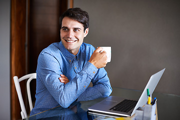 Image showing Remote work, laptop and business man with coffee working from home on project, proposal and research. Freelance worker, professional and person on computer for email, website search and internet