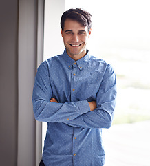 Image showing office, crossed arms and portrait of business man with confidence, company pride and smile. Corporate worker, professional and happy person for working, career and job opportunity in workplace
