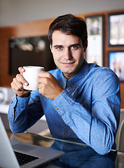 Image showing Remote work, laptop and portrait of businessman with coffee for internet, online project and research. Working from home, career and person with drink on computer for planning, proposal and website