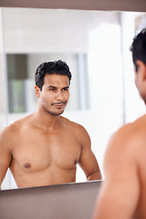 Image showing Skincare, wellness and man for dermatology, morning routine and self care in bathroom mirror. Confidence, beauty and smile of male person with reflection for grooming, body hygiene and cleaning.