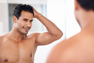 Image showing Body, bathroom mirror and happy man with hair check in house for skincare, wellness or morning routine. Hairline, reflection and male person with growth, texture or satisfaction after shower at home