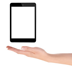 Image showing Hand, tablet and screen on display in studio, social media and product placement on white background. Person, tech and web or networking on mockup space, app and internet or online for advertising