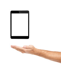 Image showing Hand, tablet and screen for marketing in studio, display and product placement on white background. Person, tech and website or networking on mockup space, app and blank or online for advertising