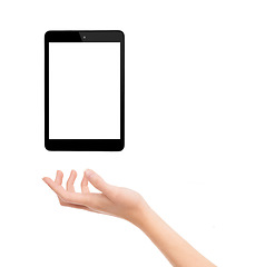 Image showing Hand, tablet and blank screen in studio, display and mockup space or social media on white background. Person, tech and website or networking for marketing, app and internet or online for advertising