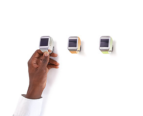 Image showing Shopping, choice and hands with smart watch in studio for checking, display or selection on white background. Screen, tech and person holding digital monitor for start of fitness, journey or tracking