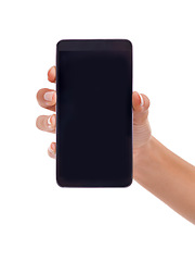 Image showing Hand, phone screen and blank in studio, display and mockup space or social media on white background. Person, tech and website or networking for marketing, app and internet or online for advertising