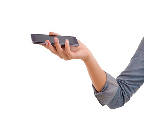 Image showing Phone, screen and hand of woman in studio with mockup for social media, chat or networking on white background. Smartphone, app or closeup of lady model show sign up, promotion or internet connection