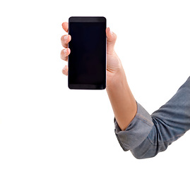 Image showing Hand, phone screen and empty in studio, blank and mockup space or social media on white background. Person, tech and website or networking for marketing, app and internet or online for advertising