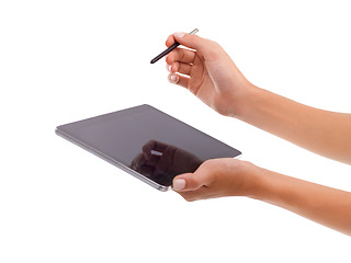 Image showing Closeup, hands or drawing on tablet in studio for signature, application form or online document on website. Graphic designer, person or digital pen for writing or creative sketch on white background