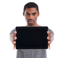 Image showing Man, tablet screen and portrait in studio, display and mockup space on white background. Black male person, tech and website or networking for marketing, app and internet or online for advertising