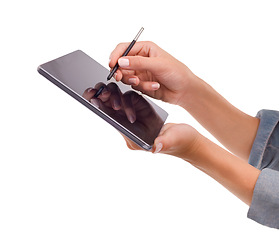 Image showing Closeup, hands or writing on tablet in studio for signature, application form or online document on website. Graphic designer, person or digital pen for drawing or creative sketch on white background