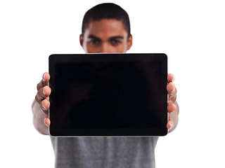 Image showing Man, tablet screen and portrait in studio, blank and mockup space on white background. Black male person, display and website or networking for marketing, app and internet or online for advertising