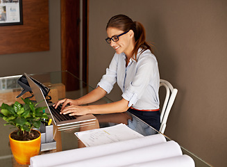 Image showing Business woman, laptop and remote work with paperwork, contractor quote or invoice for architecture with blueprint. Architect, civil engineering and typing document with construction and home office