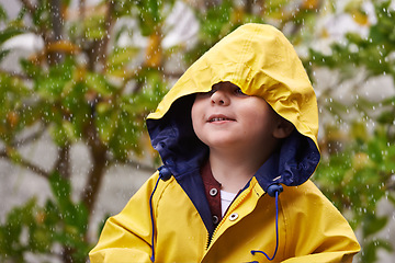 Image showing Child, rain and raincoat outdoor in winter for fashion, jacket and cold weather in London. Little boy, male toddler and kid in drizzle by tree, bokeh or environment with windbreaker for chilly season