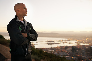 Image showing Man, thinking and fitness with city on mountain for sunrise, workout or outdoor exercise in nature. Male person or athlete with arms crossed in wonder or confidence for training or running on mockup
